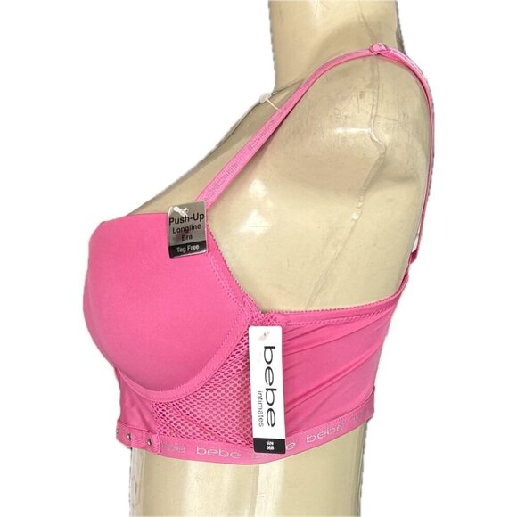 Bebe 36B Pink Pin Mesh Accent Logo Adjustable Straps Padded Longline Push-Up Bra - Picture 5 of 6